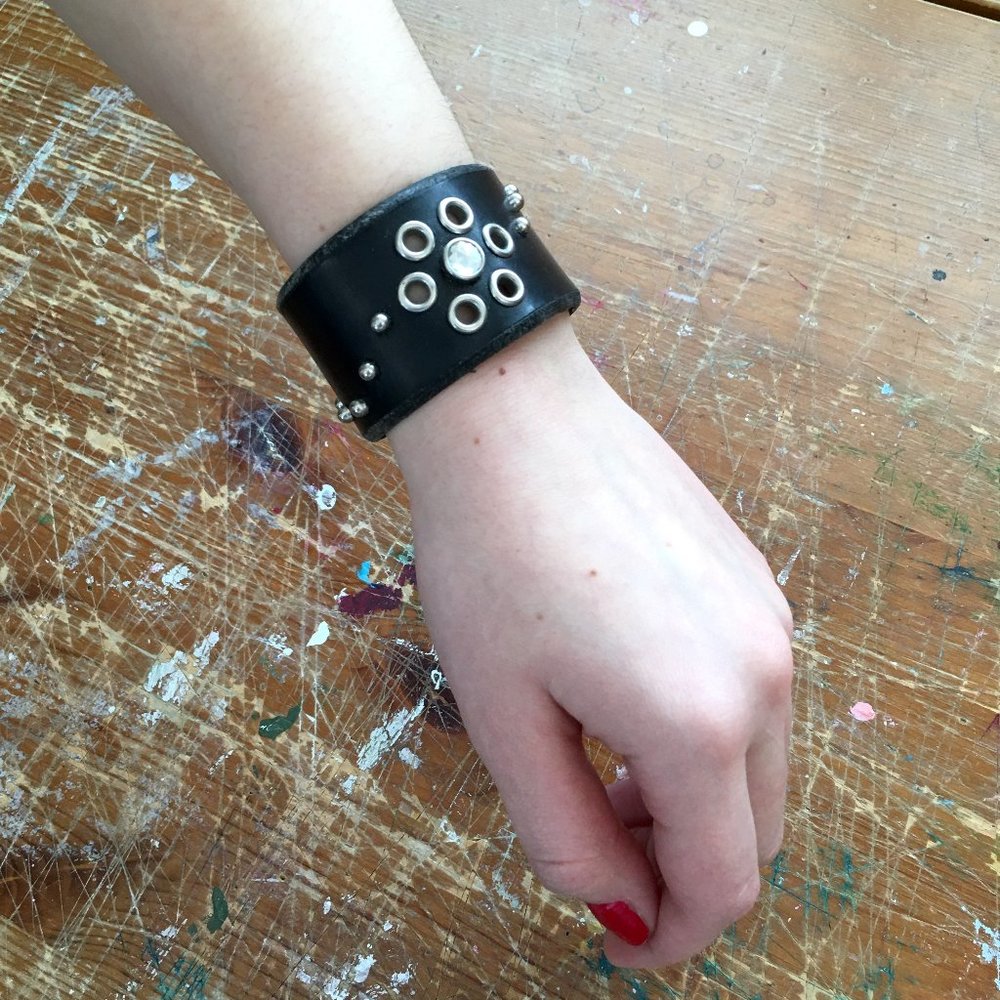 Vintage Black Leather Cuff Bracelet, Studded Rhinestone Snap Cuff